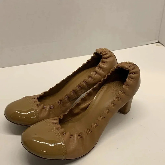 Tory Burch Romy High Heels Shoes Patent Leather Cap Toe Scrunched Brown Tan 7.5 - Picture 2 of 13